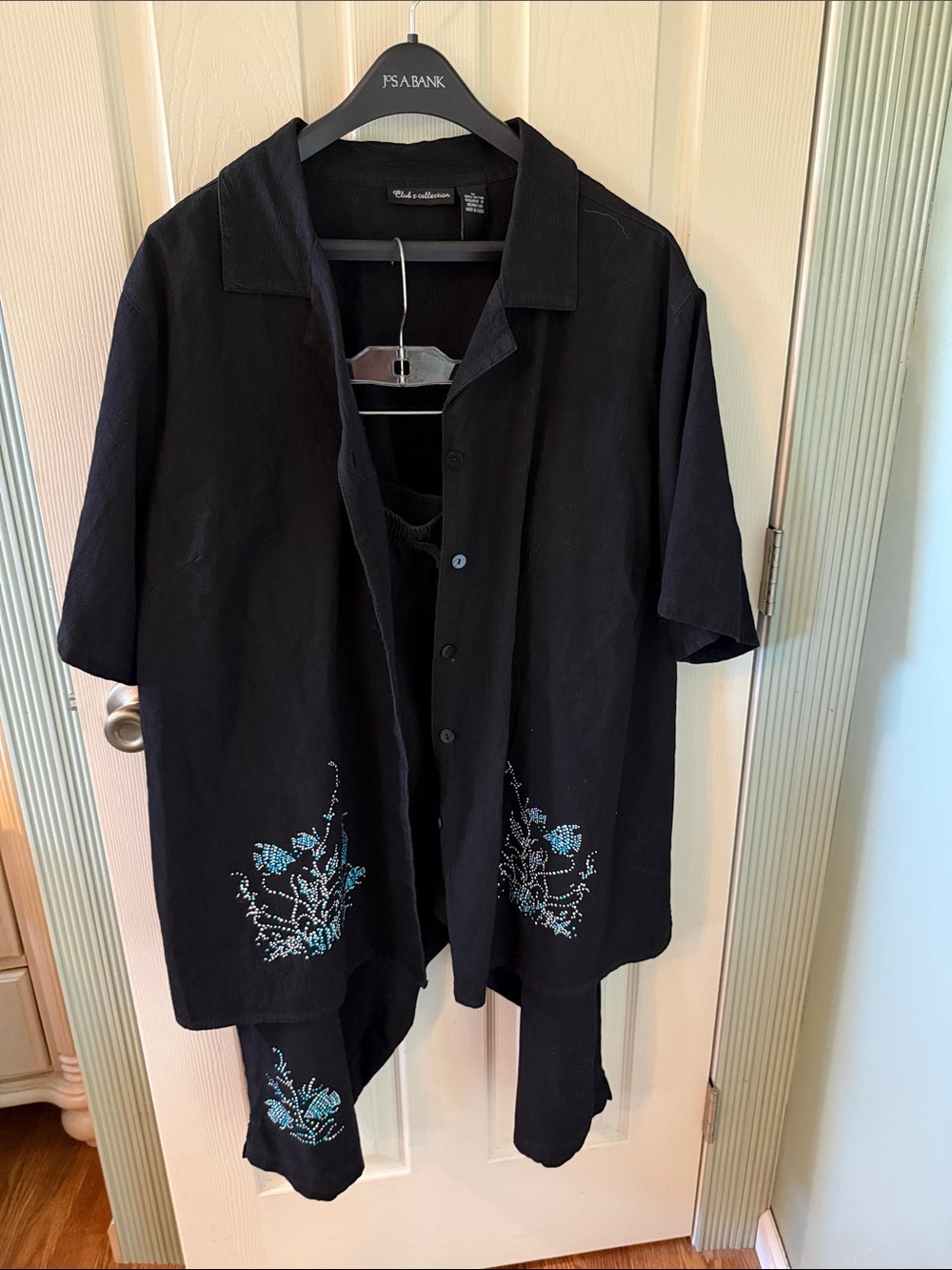 Black Embroidered Two-Piece Set with Blue ocean motif rhinestone Detail